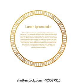 Round gold border frame. Geometric ornament. Can be used for decoration and design photo frame, menu, card, scrapbook, album. Vector Illustration.