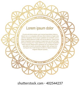 Round gold border frame. Mandala ornament. Can be used for decoration and design photo frame, menu, card, scrapbook, album. Vector Illustration. White background.