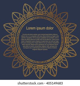 Round gold border frame. Mandala ornament. Can be used for decoration and design photo frame, menu, card, scrapbook, album. Vector Illustration.