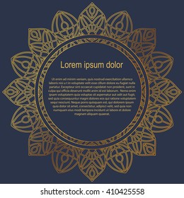 Round gold border frame. Mandala ornament. Can be used for decoration and design photo frame, menu, card, scrapbook, album. Vector Illustration.
