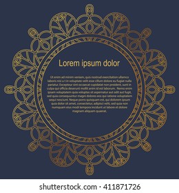 Round gold border frame. Mandala ornament. Can be used for decoration and design photo frame, menu, card, scrapbook, album. Vector Illustration.