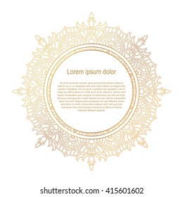Round gold border frame. Mandala ornament. Can be used for decoration and design photo frame, menu, card, scrapbook, album. Vector Illustration. White background.