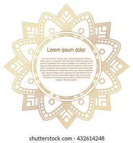 Round gold border frame. Mandala ornament. Can be used for decoration and design photo frame, menu, card, scrapbook, album. Vector Illustration. White background.