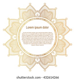 Round gold border frame. Mandala ornament. Can be used for decoration and design photo frame, menu, card, scrapbook, album. Vector Illustration. White background.