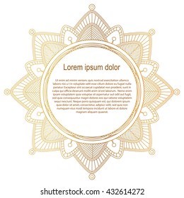 Round gold border frame. Mandala ornament. Can be used for decoration and design photo frame, menu, card, scrapbook, album. Vector Illustration. White background.