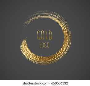 Round gold brush border texture background. Golden sparkle glossy grunge splash frame. Vector circle shiny logo element pattern for web banner, label or card design.