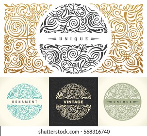 Round Gold Calligraphic Royal Emblem Set. Vector Floral Symbol For Cafe, Restaurant, Shop, Print, Stamp. Logo Design Template Label For Coffee, Tea, Business Card. Isolated Line Ornament