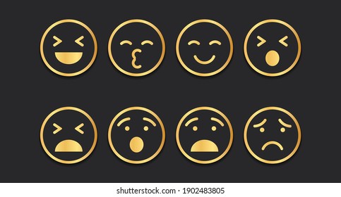 Round gold cartoon bubble emoticons for chat comments reaction. Set of golden linear emotions isolated on dark background. Vector illustration 