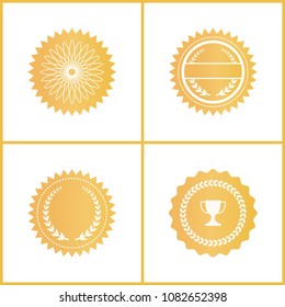 Round gold certificate emblems for documents set. Shiny approval symbols with laurel wreath and trophy cup isolated cartoon flat vector illustrations.