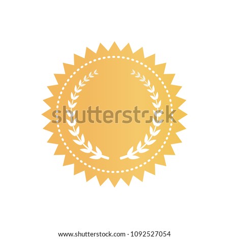 Round gold certificate logotype with wavy edge that has laurel wreath inside. Sign of quality and legality warranty isolated vector illustration.