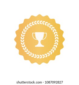 Round gold certificate symbol with trophy cup and laurel wreath around. Warranty sign for special document of big value isolated vector illustration.
