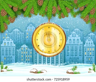 Round gold clock from fir tree branches and winter old town landscape on background. Christmas vector illustration