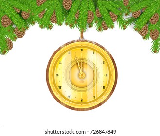 Round gold clock from fir tree branches on white background. Christmas vector illustration