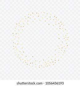 Round gold confetti. Celebrate background. Golden sparkles and dots on transparent backdrop. Luxury invitation card template. Falling gold confetti. Glitter background. 