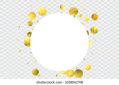 Round gold confetti. Celebrate background. Golden sparkles and dots on transparentbackdrop. Luxury invitation card template. Falling gold confetti. Glitter background. 