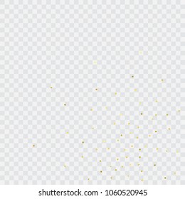 Round gold confetti. Celebrate background. Golden sparkles and dots on transparent backdrop. Luxury invitation card template. Falling gold confetti. Glitter background. 