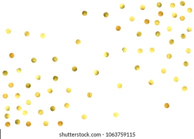 Round gold confetti. Celebrate background. Golden sparkles and dots on white backdrop. Christmas party invitation card template. Falling gold confetti. Glitter background. 