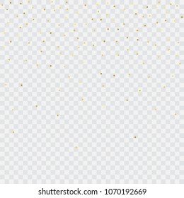 Round gold confetti. Celebrate background. Golden sparkles and dots on transparent backdrop. Luxury invitation card template. Falling gold confetti. Glitter background. 