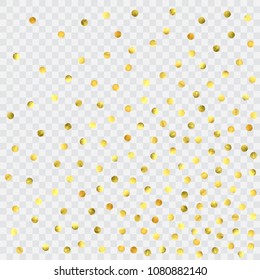 Round gold confetti. Celebrate background. Watercolor golden sparkles and dots. Explosion backdrop. Christmas party invitation card template. Falling gold confetti. Glitter background. 