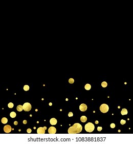 Round gold confetti. Glitter background. Golden sparkles and dots on black backdrop. Christmas party invitation card template. Falling gold confetti. Glitter background. 
