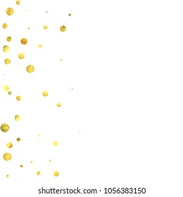 Round gold confetti. Glitter vector celebrate background. Watercolor golden sparkles and dots. Voucher backdrop. Christmas party invitation card template. Falling gold confetti. Glitter background. 