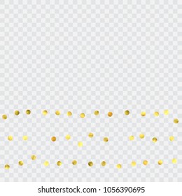 Round gold confetti. Glitter vector celebrate background. Golden sparkles and dots on transparent backdrop. Christmas party invitation card template. Falling gold confetti. Glitter background. 