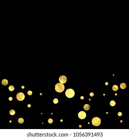 Round gold confetti. Glitter vector celebrate background. Golden sparkles and dots on black backdrop. Christmas party invitation card template. Falling gold confetti. Glitter background. 