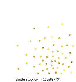 Round gold confetti. Glitter vector celebrate background. Golden sparkles and dots on white backdrop. Christmas party invitation card template. Falling gold confetti. Glitter background. 