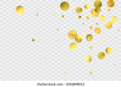 Round gold confetti. Glitter vector celebrate background. Golden sparkles and dots on transparentbackdrop. Christmas party invitation card template. Falling gold confetti. Glitter background. 