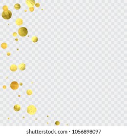 Round gold confetti. Glitter vector celebrate background. Golden sparkles and dots on transparentbackdrop. Christmas party invitation card template. Falling gold confetti. Glitter background. 