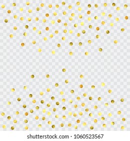 Round gold confetti. Glitter vector celebrate background. Watercolor golden sparkles and dots. Explosion backdrop. Luxury invitation card template. Falling gold confetti. Glitter background. 