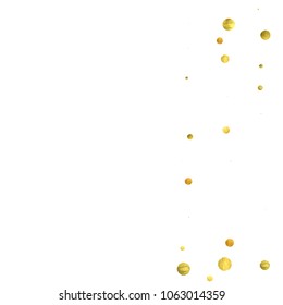 Round gold confetti. Glitter vector celebrate background. Watercolor golden sparkles and dots. Explosion backdrop. Christmas party invitation card template. Falling gold confetti. Glitter background. 