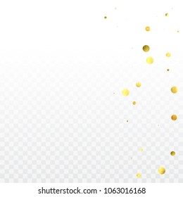 Round gold confetti. Glitter vector celebrate background. Watercolor golden sparkles and dots. Voucher backdrop. Christmas party invitation card template. Falling gold confetti. Glitter background. 
