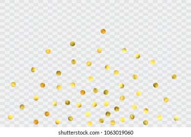 Round gold confetti. Glitter vector celebrate background. Golden sparkles and dots on transparent backdrop. Luxury invitation card template. Falling gold confetti. Glitter background. 