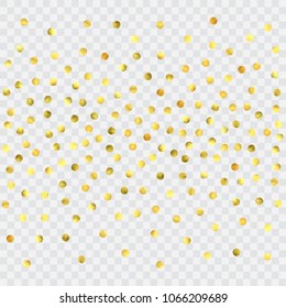Round gold confetti. Glitter vector celebrate background. Watercolor golden sparkles and dots. Explosion backdrop. Luxury invitation card template. Falling gold confetti. Glitter background. 