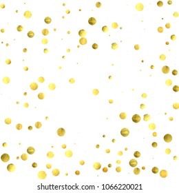 Round gold confetti. Glitter vector celebrate background. Watercolor golden sparkles and dots. Explosion backdrop. Luxury invitation card template. Falling gold confetti. Glitter background. 