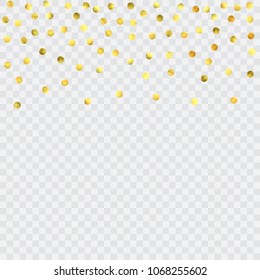 Round gold confetti. Glitter vector celebrate background. Watercolor golden sparkles and dots. Explosion backdrop. Christmas party invitation card template. Falling gold confetti. Glitter background. 