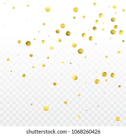 Round gold confetti. Glitter vector celebrate background. Golden sparkles and dots on transparent backdrop. Luxury invitation card template. Falling gold confetti. Glitter background. 