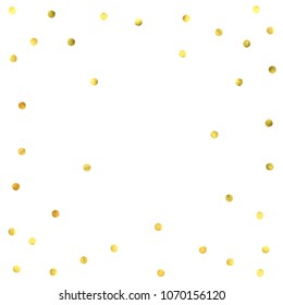 Round gold confetti. Glitter vector celebrate background. Watercolor golden sparkles and dots. Explosion backdrop. Christmas party invitation card template. Falling gold confetti. Glitter background. 