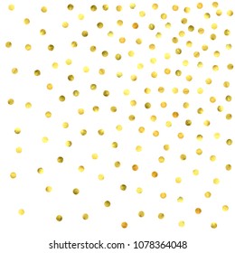 Round gold confetti. Glitter vector celebrate background. Golden sparkles and dots on white backdrop. Christmas party invitation card template. Falling gold confetti. Glitter background. 