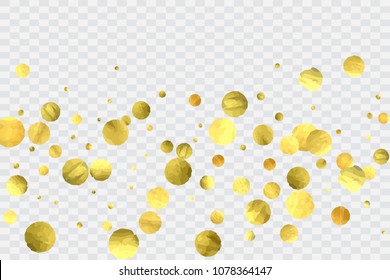 Round gold confetti. Glitter vector celebrate background. Watercolor golden sparkles and dots. Explosion backdrop. Christmas party invitation card template. Falling gold confetti. Glitter background. 