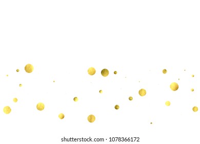 Round gold confetti. Glitter vector celebrate background. Golden sparkles and dots on white backdrop. Christmas party invitation card template. Falling gold confetti. Glitter background. 
