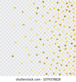 Round gold confetti. Glitter vector celebrate background. Watercolor golden sparkles and dots. Explosion backdrop. Luxury invitation card template. Falling gold confetti. Glitter background. 