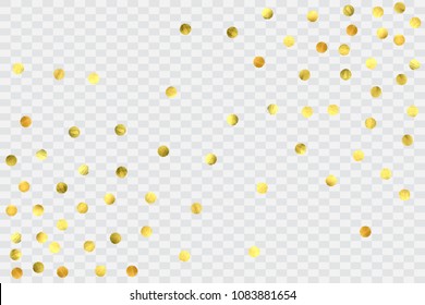 Round gold confetti. Glitter vector celebrate background. Golden sparkles and dots on transparent backdrop. Christmas party invitation template. Falling gold confetti. Glitter background. 