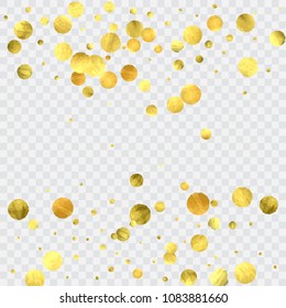 Round gold confetti. Glitter vector celebrate background. Golden sparkles and dots on transparent backdrop. Christmas party invitation template. Falling gold confetti. Glitter background. 