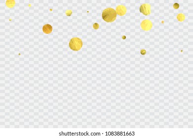 Round gold confetti. Glitter vector celebrate background. Golden sparkles and dots on transparent backdrop. Christmas party invitation template. Falling gold confetti. Glitter background. 
