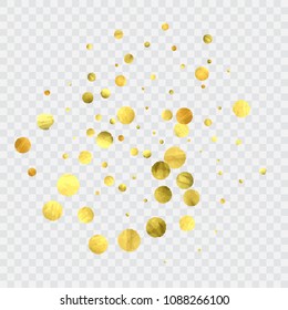 Round gold confetti. Glitter vector celebrate background. Abstract golden sparkles and dots. Explosion backdrop. Luxury invitation card template. Falling Glitter background. 