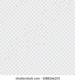 Round gold confetti. Glitter vector celebrate background. Abstract golden sparkles and dots. Explosion backdrop. Luxury invitation card template. Falling Glitter background. 