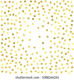 Round gold confetti. Glitter vector celebrate background. Abstract golden sparkles and dots. Explosion backdrop. Luxury invitation card template. Falling Glitter background. 