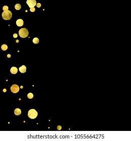 Round gold confetti. Glow vector celebrate background. Golden sparkles and dots on black backdrop. Christmas party invitation card template. Falling gold confetti. Glitter background. 